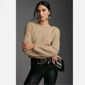 Anthropologie Metallic Fluffy Eyelash Sweater Open Back Tan Shimmer Size Small
